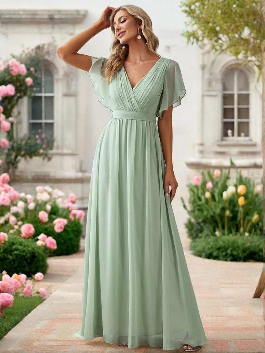 A-Line Pleated Chiffon Tie-Waist Evening Dress