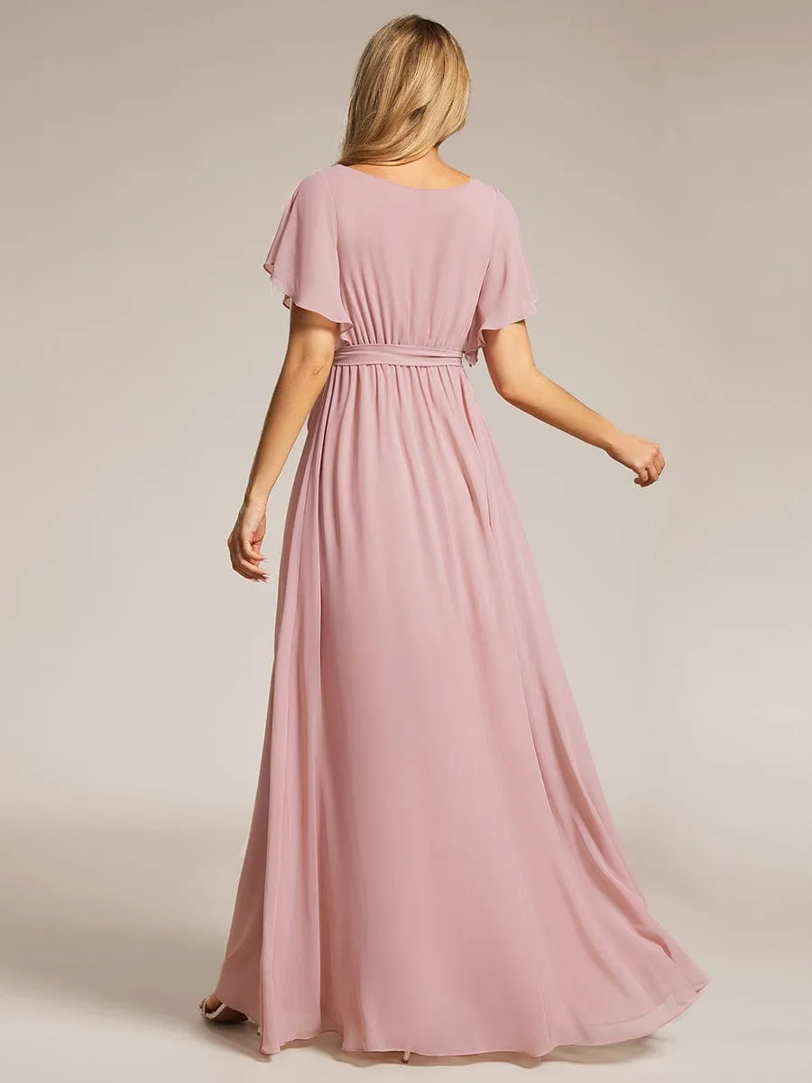 A-Line Pleated Chiffon Tie-Waist Evening Dress