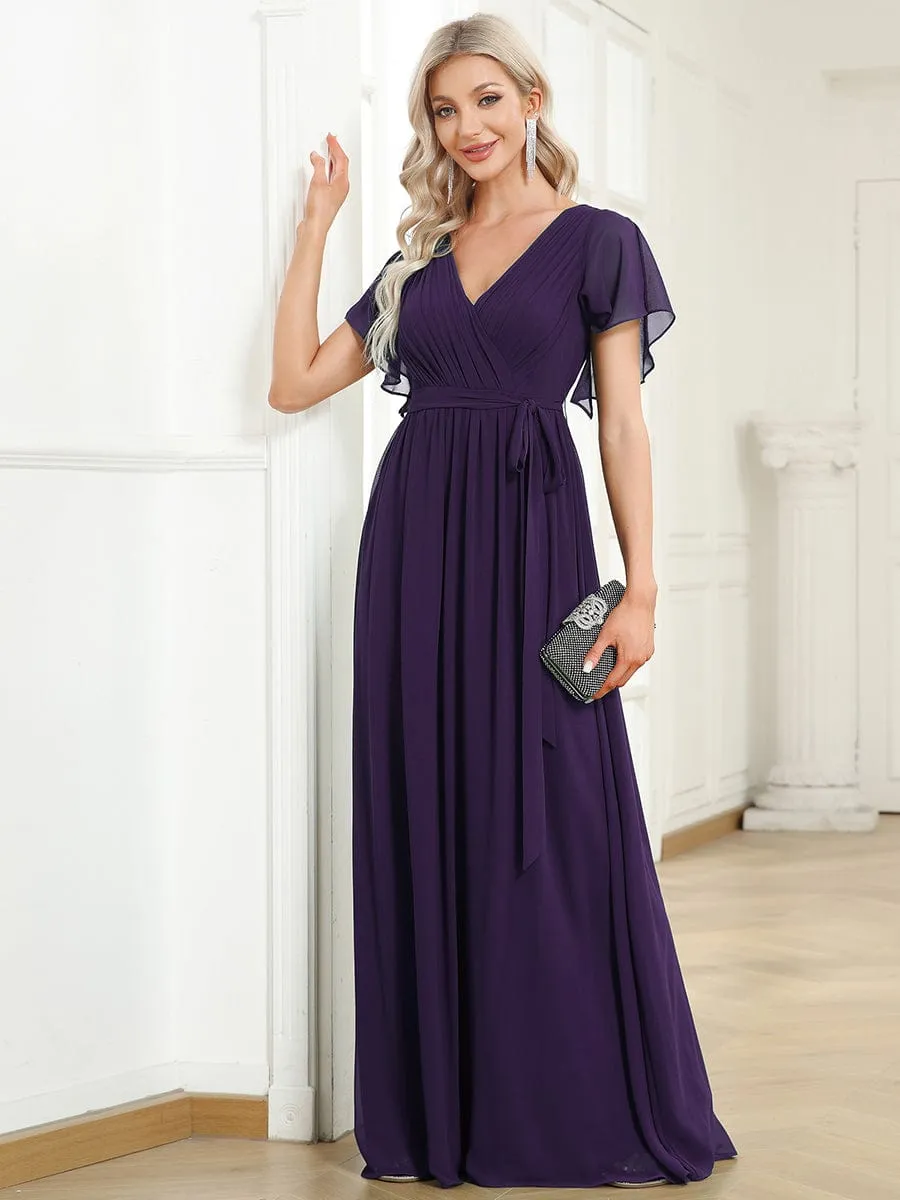 A-Line Pleated Chiffon Tie-Waist Evening Dress