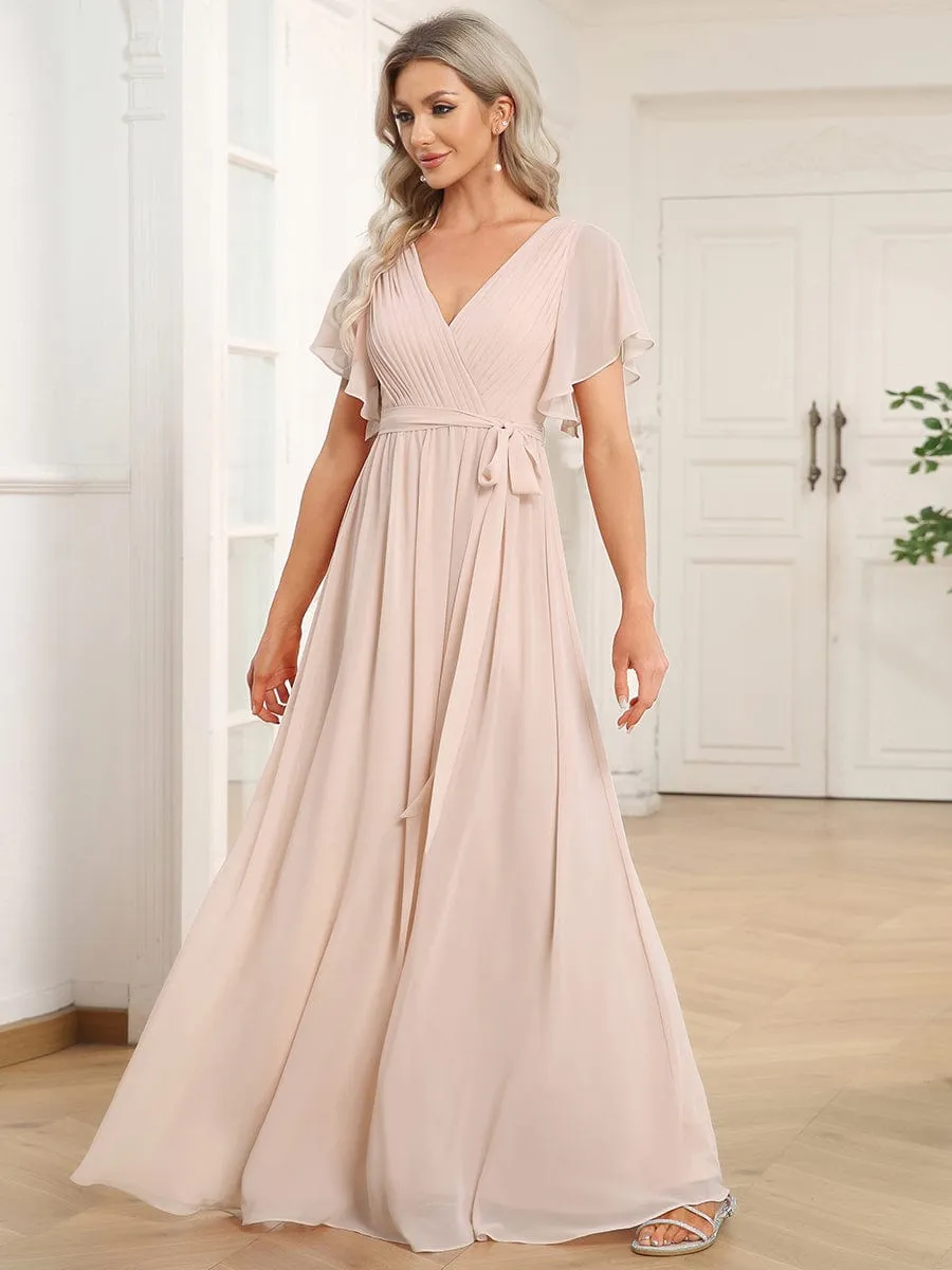 A-Line Pleated Chiffon Tie-Waist Evening Dress