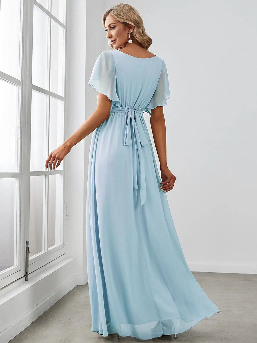 A-Line Pleated Chiffon Tie-Waist Evening Dress