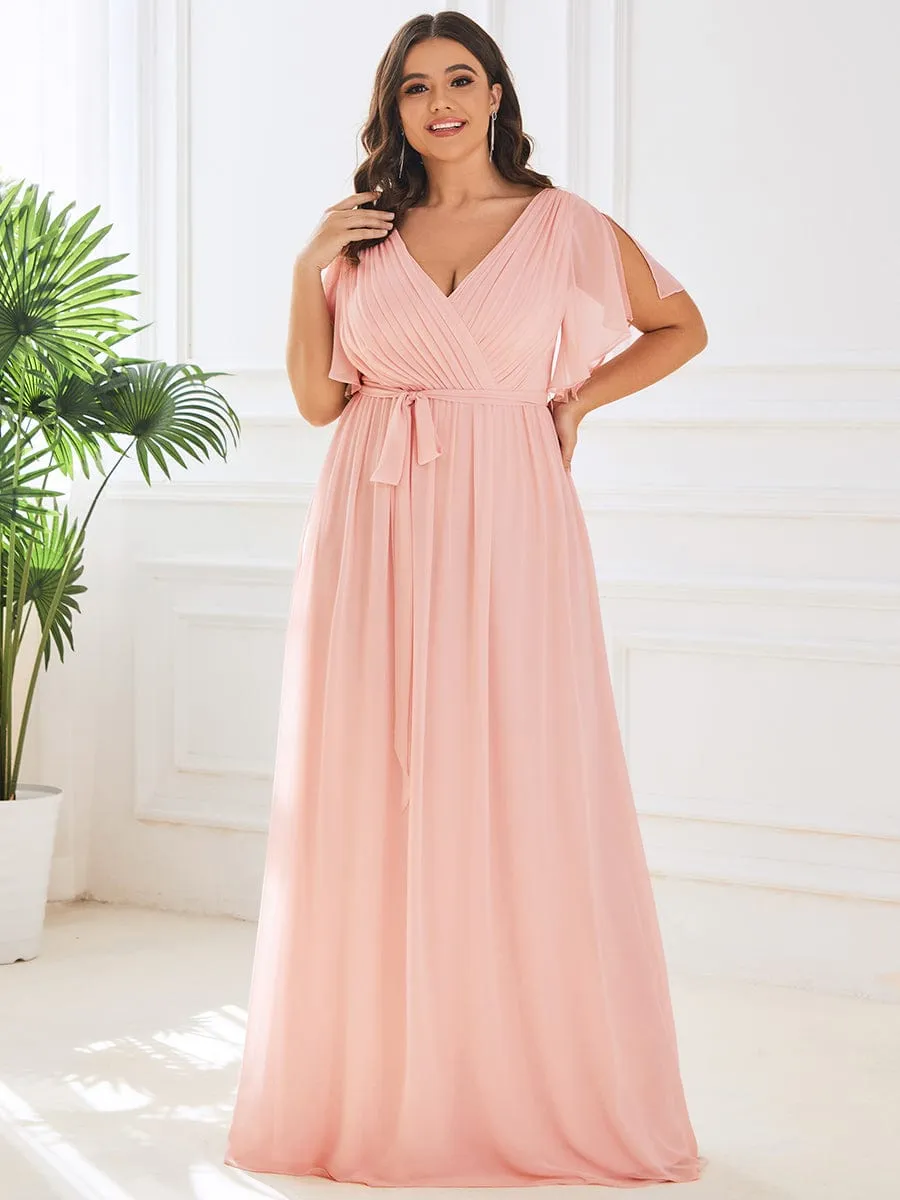 A-Line Pleated Chiffon Tie-Waist Evening Dress