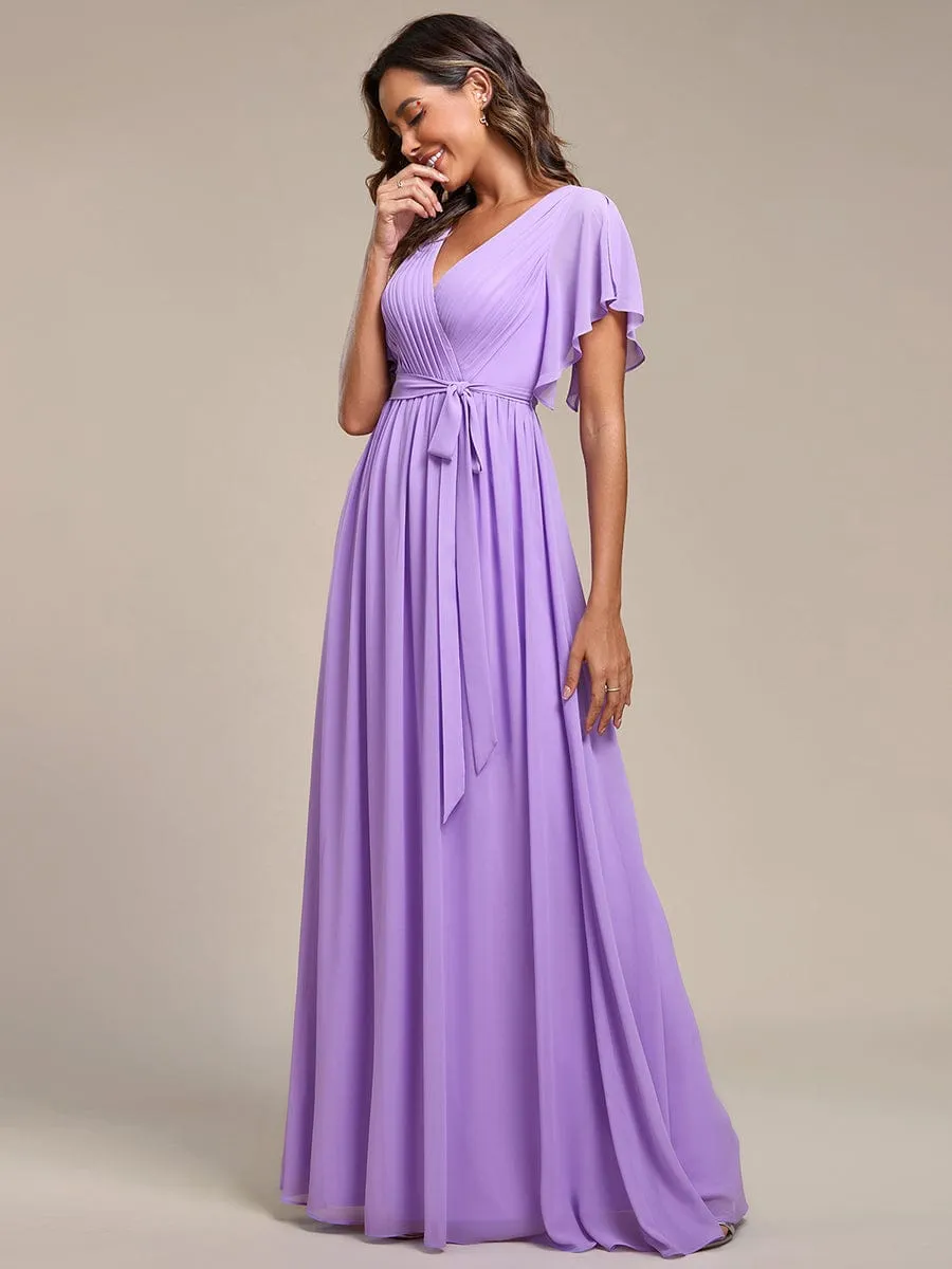 A-Line Pleated Chiffon Tie-Waist Evening Dress