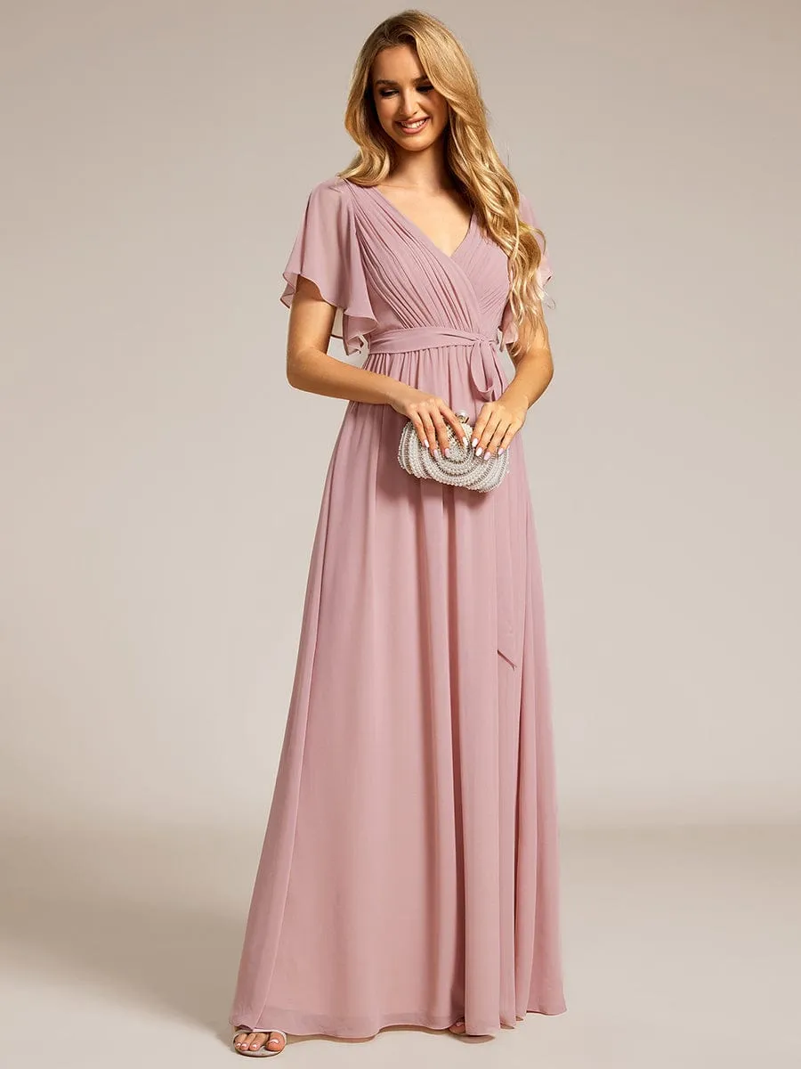 A-Line Pleated Chiffon Tie-Waist Evening Dress