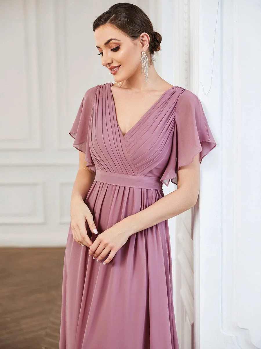 A-Line Pleated Chiffon Tie-Waist Evening Dress