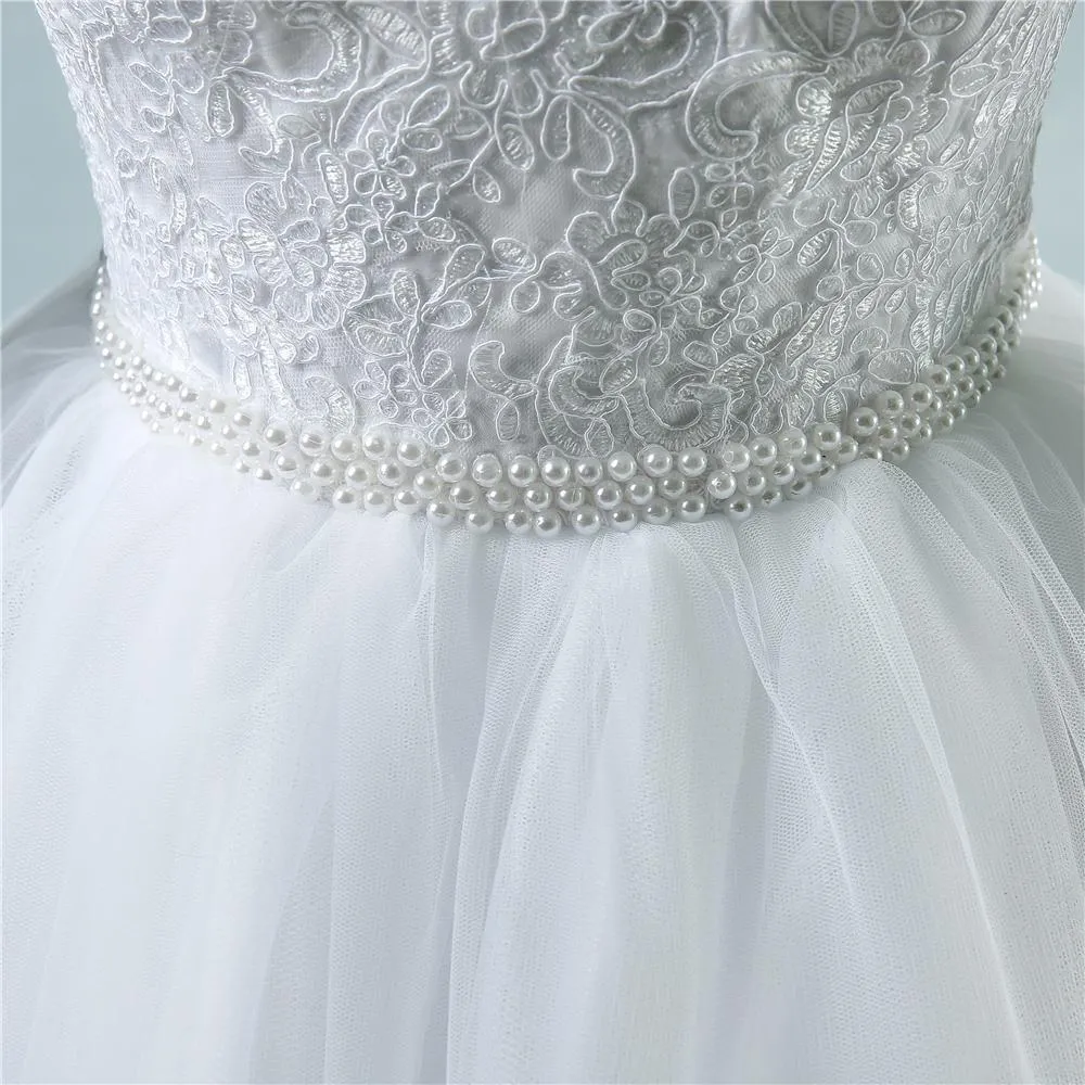 A-line Scoop-Neck Chapel Train Tulle Lace White Wedding Dresses With Pearls ASD26964