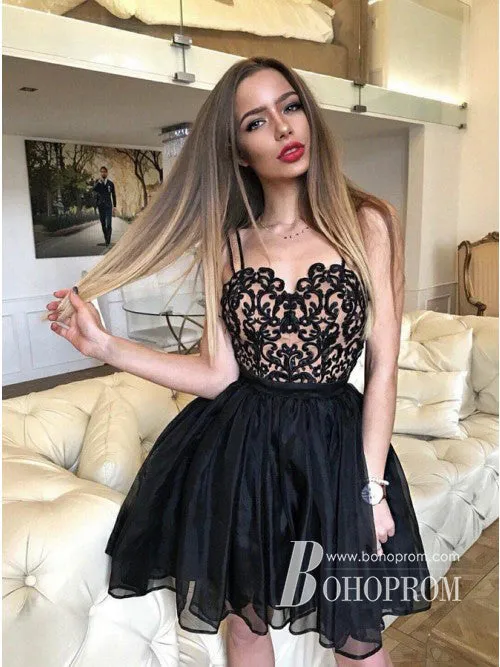 A-line Spaghetti Strap Mini Tulle Black Appliqued Homecoming Dresses HX00179