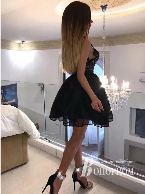 A-line Spaghetti Strap Mini Tulle Black Appliqued Homecoming Dresses HX00179