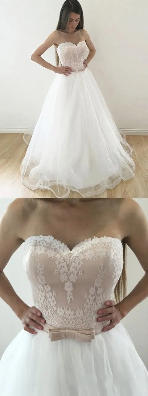 A-line Sweetheart Sweep Train Organza Lace Wedding Dresses SWD031