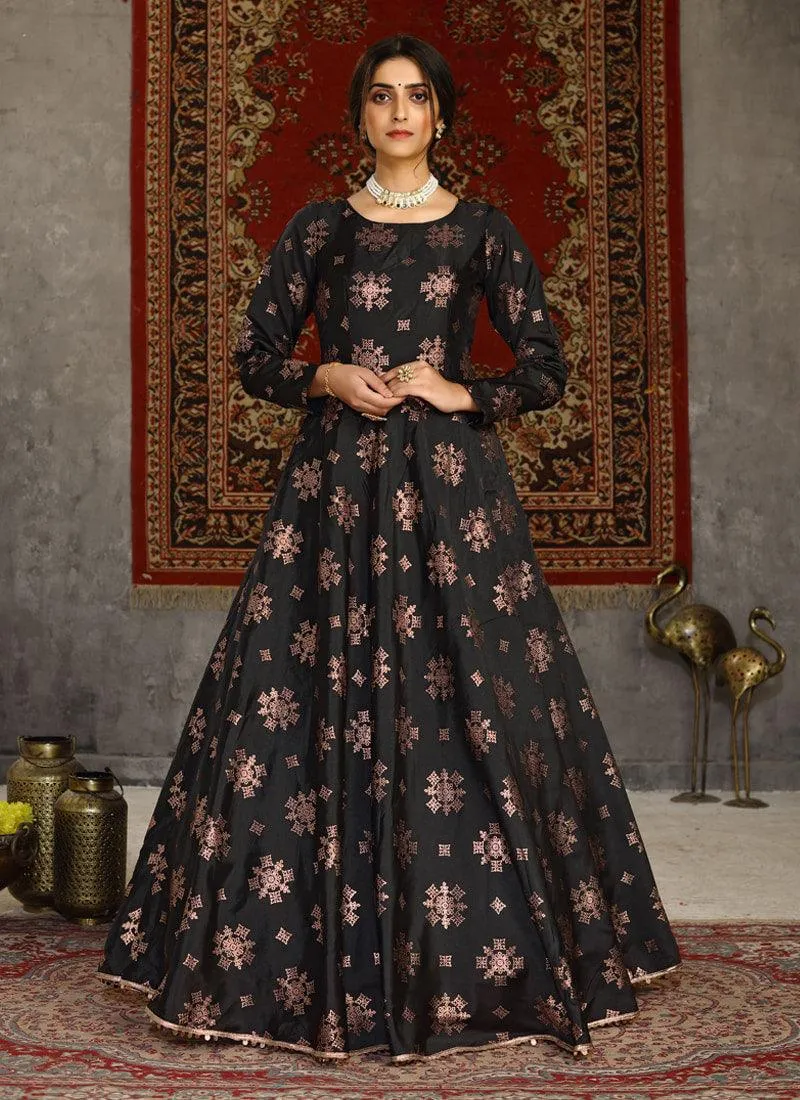 Amazing Black Color Taffeta Silk Fabric Printed Designer Gown