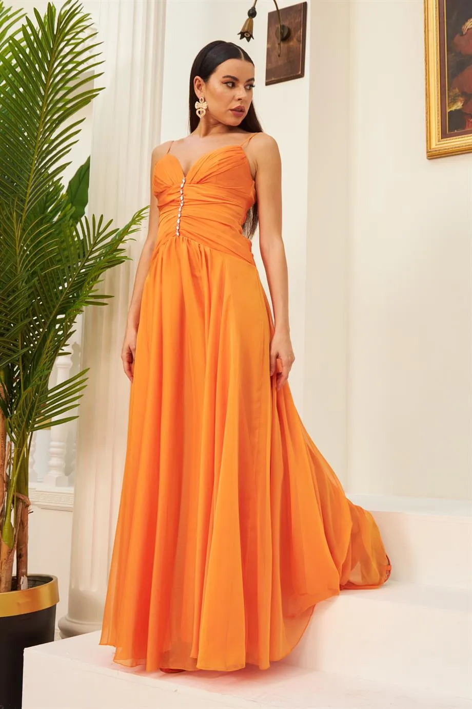 Angelino Orange Chiffon Hanger Collar Long Evening Dress and Invitation Dress