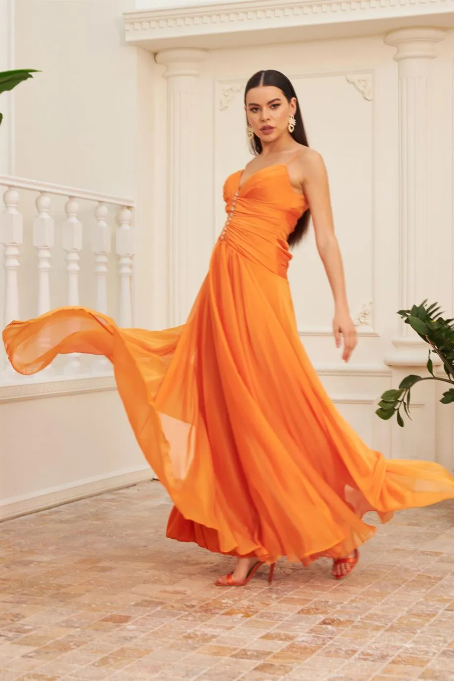 Angelino Orange Chiffon Hanger Collar Long Evening Dress and Invitation Dress