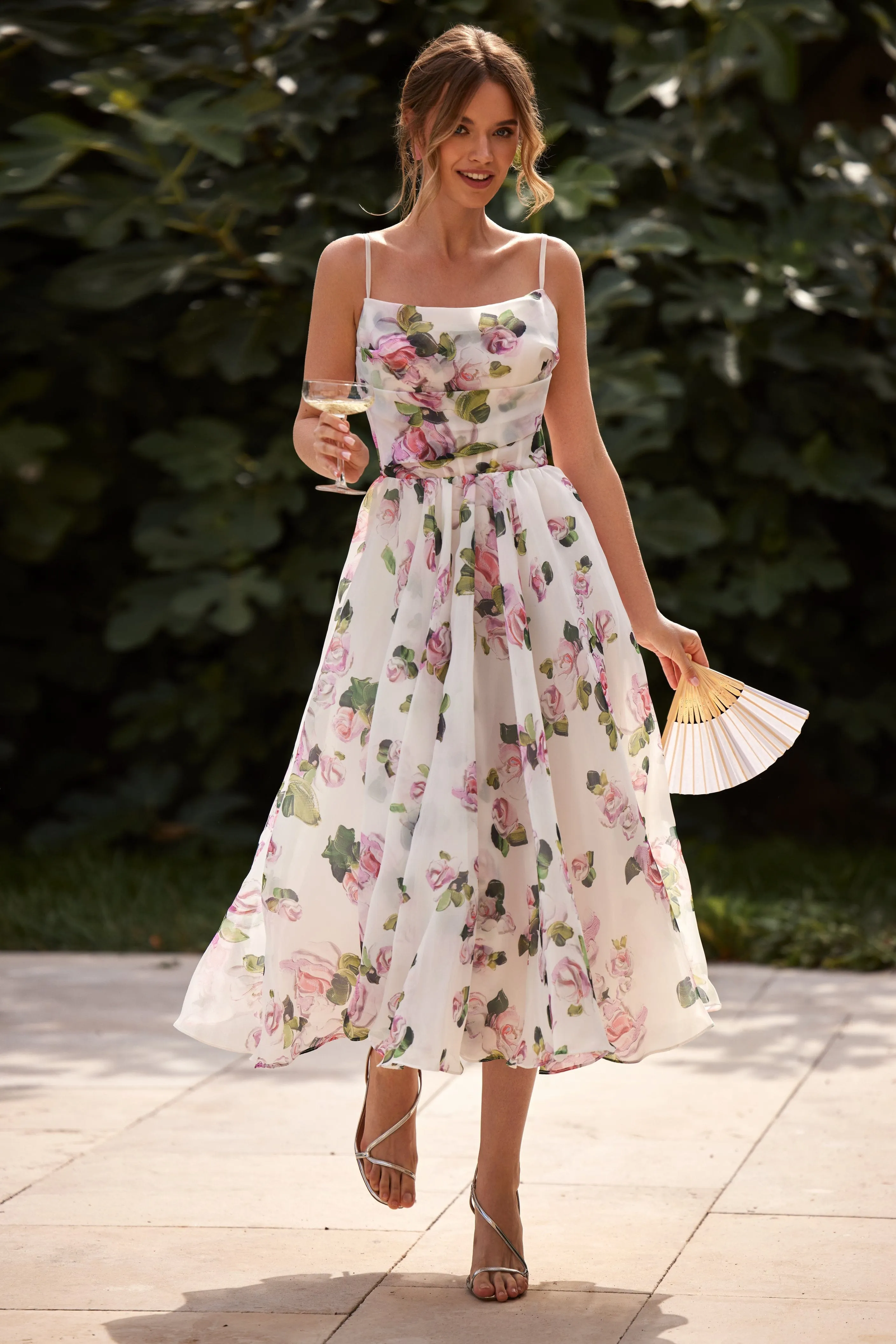 Apple Blossom spaghetti strap midi dress