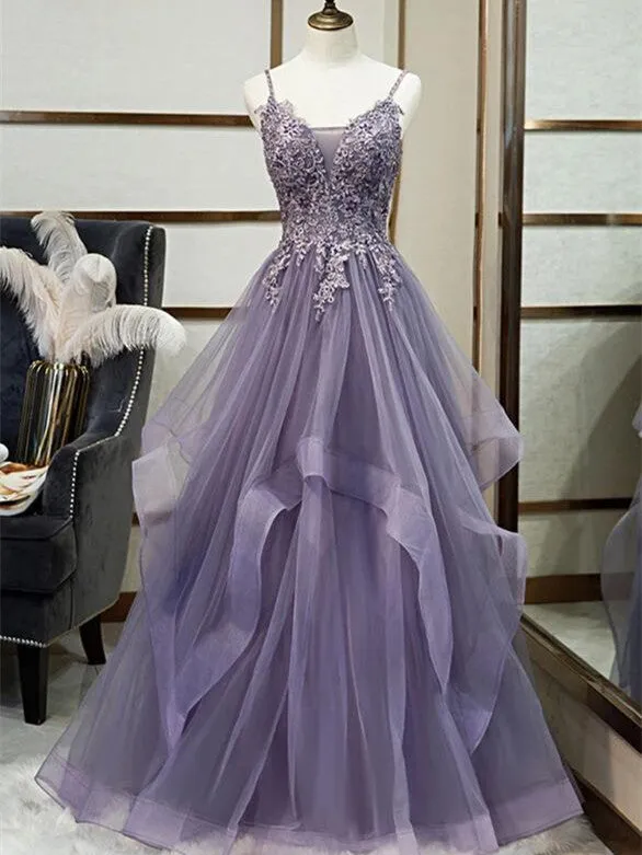 Appliqued Tulle Prom Dresses A-line Beaded Gowns PD485