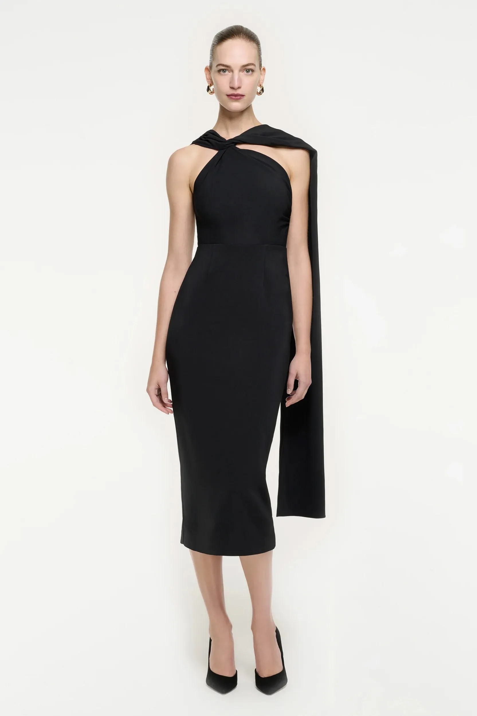 Asymmetric Stretch Cady Midi Dress in Black