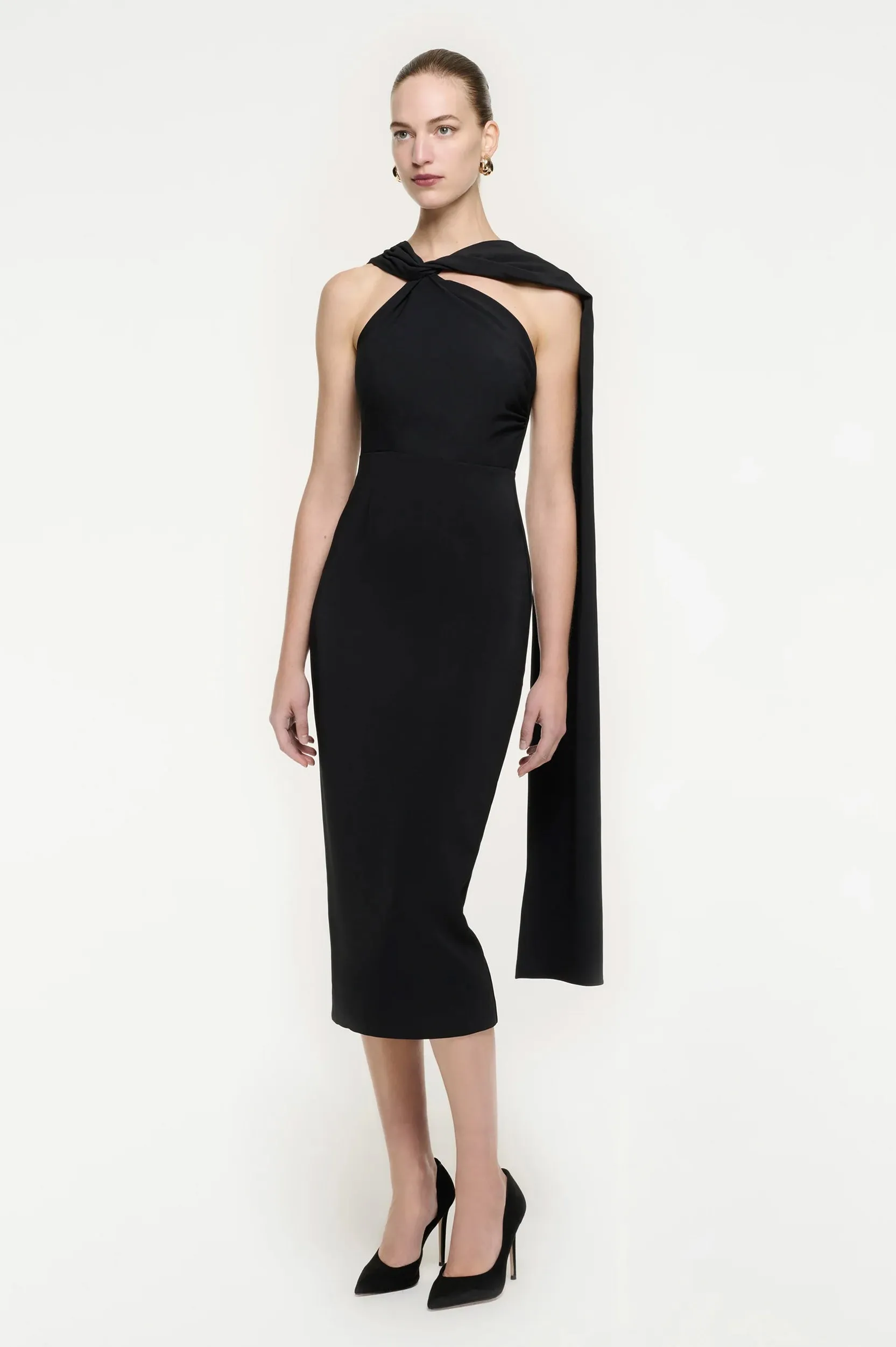 Asymmetric Stretch Cady Midi Dress in Black