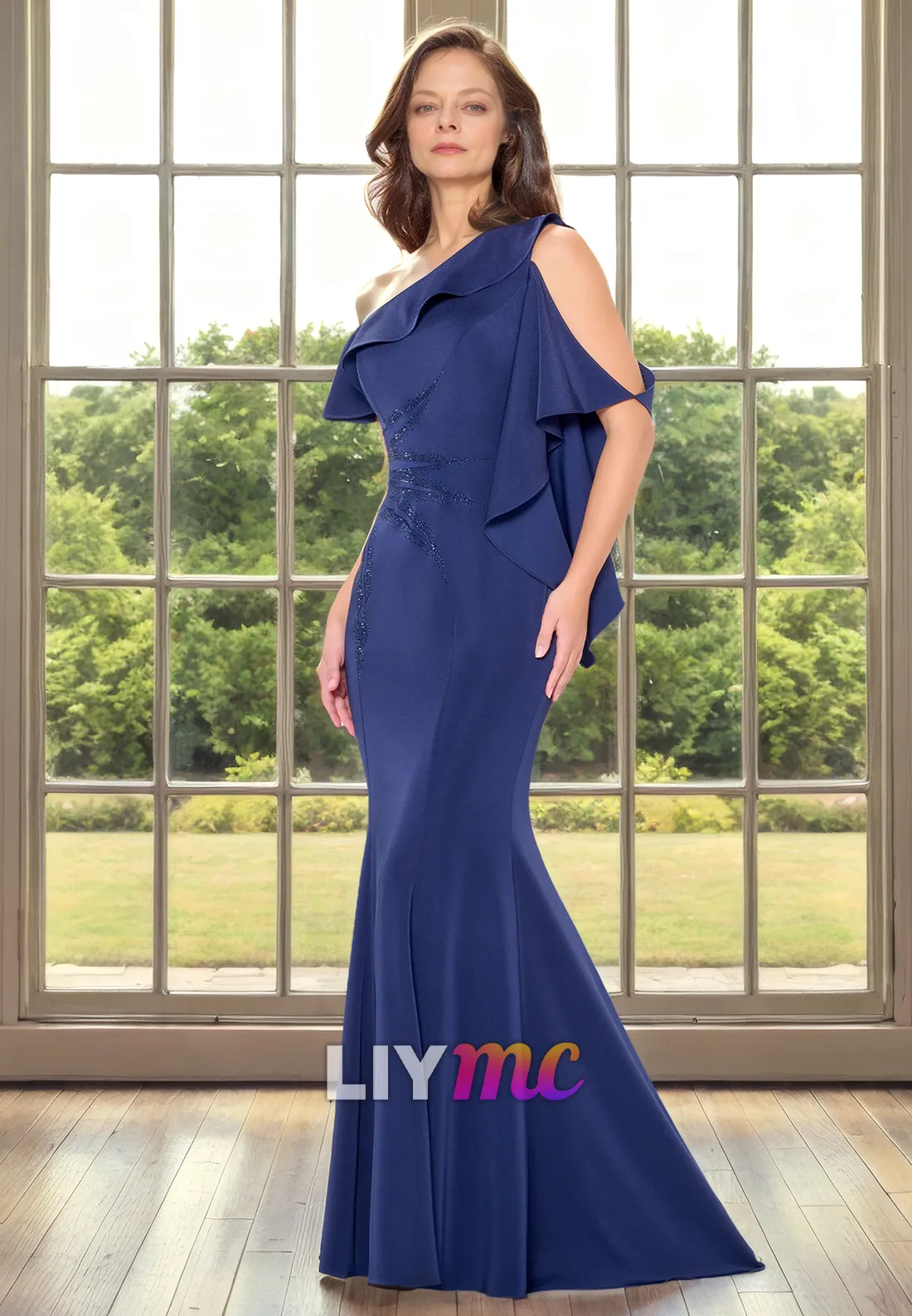 Asymmetrical Sleeves Ruffled Mermaid Mother of Bride Dress