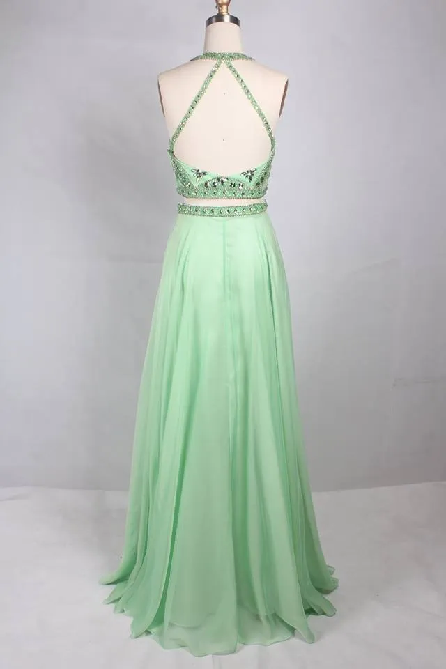 Attractive Chiffon Jewel Neckline 2 Pieces A-line Prom Dresses With Rhinestones PD215