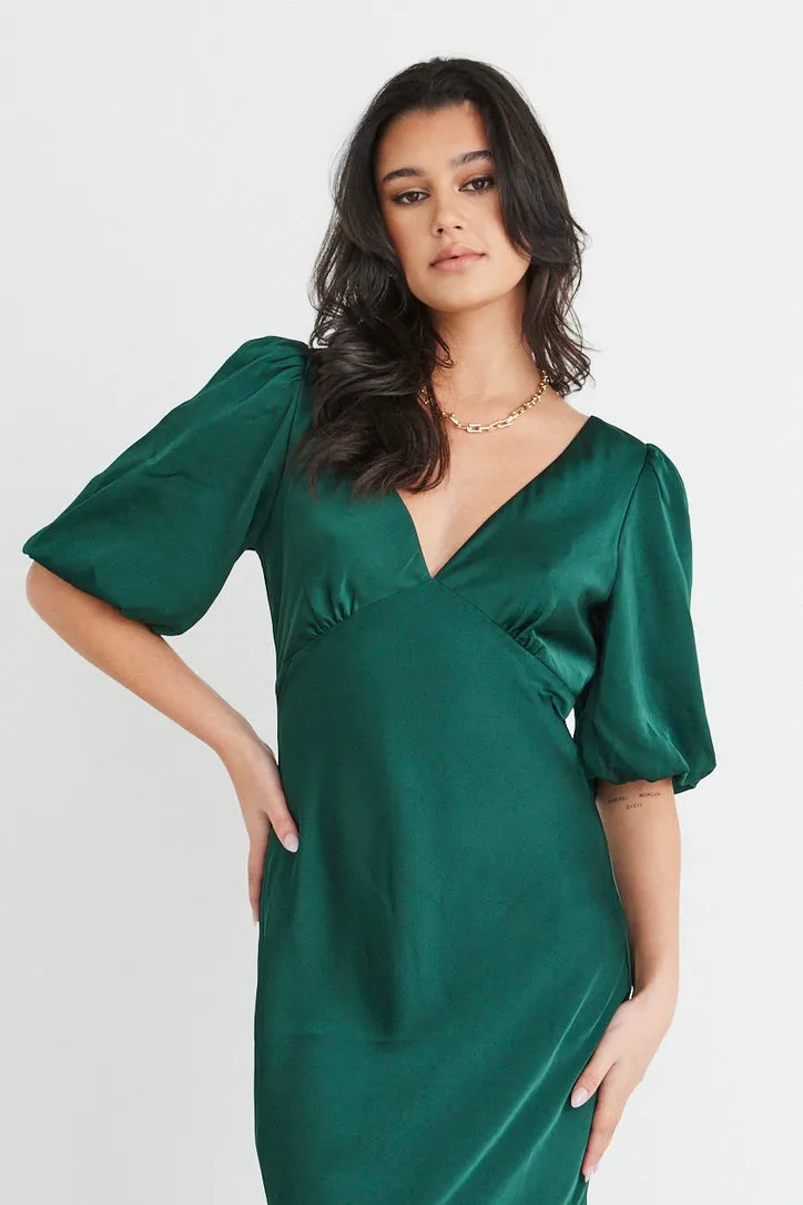 Aura Forest Satin Puff Sleeve Bias Midi Dress