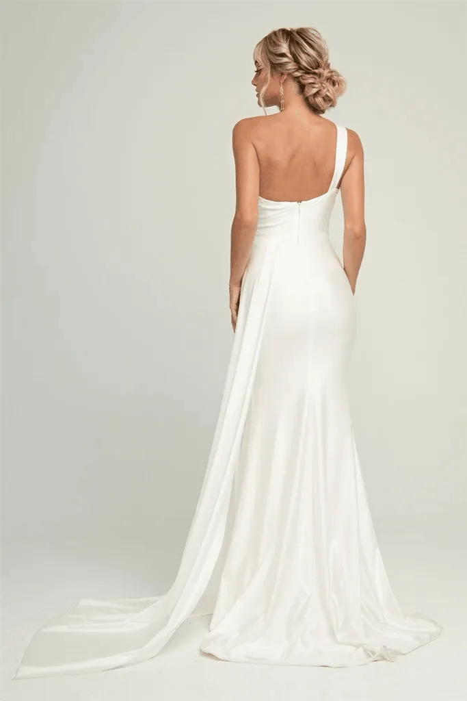 AURORA One Shoulder Bridesmaids Maxi Dress with Side Train - White