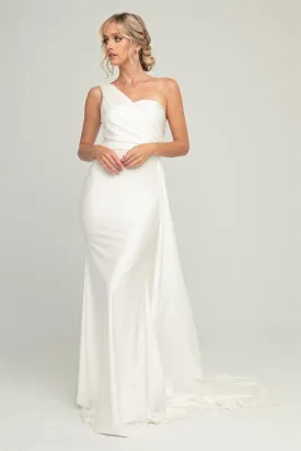 AURORA One Shoulder Bridesmaids Maxi Dress with Side Train - White