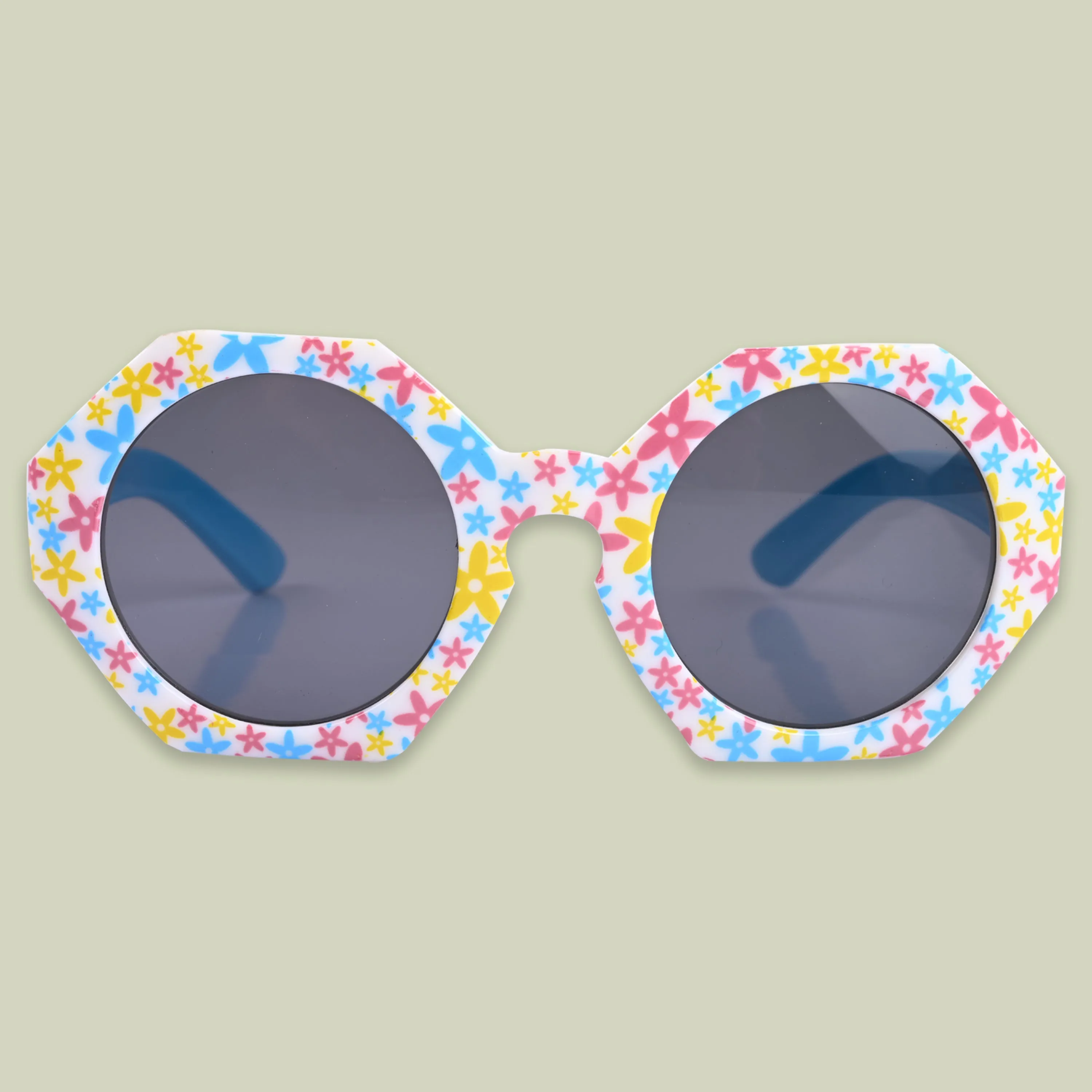 Baby Girls Round Frame Flower Printed Sunglass (Blue)