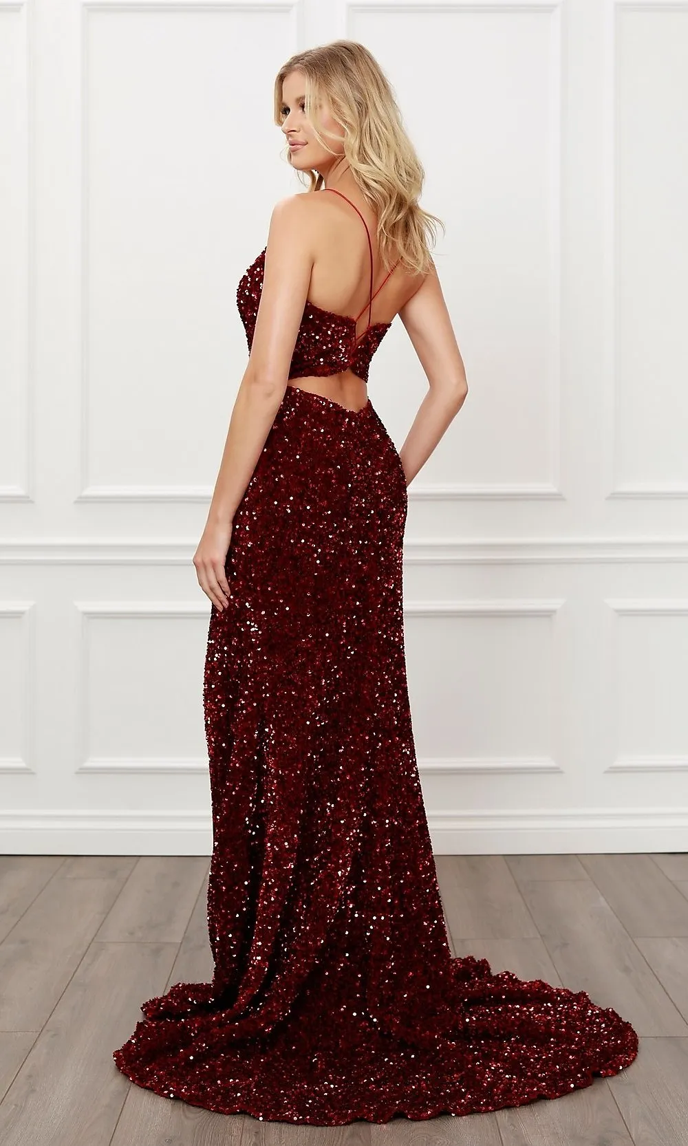 Back Cut-Out Burgundy Red Sequin Formal Prom Dress