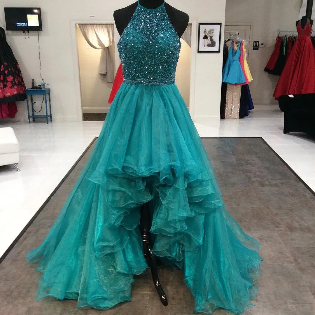 Beaded Halter Organza Ruffles High Low Prom Dresses