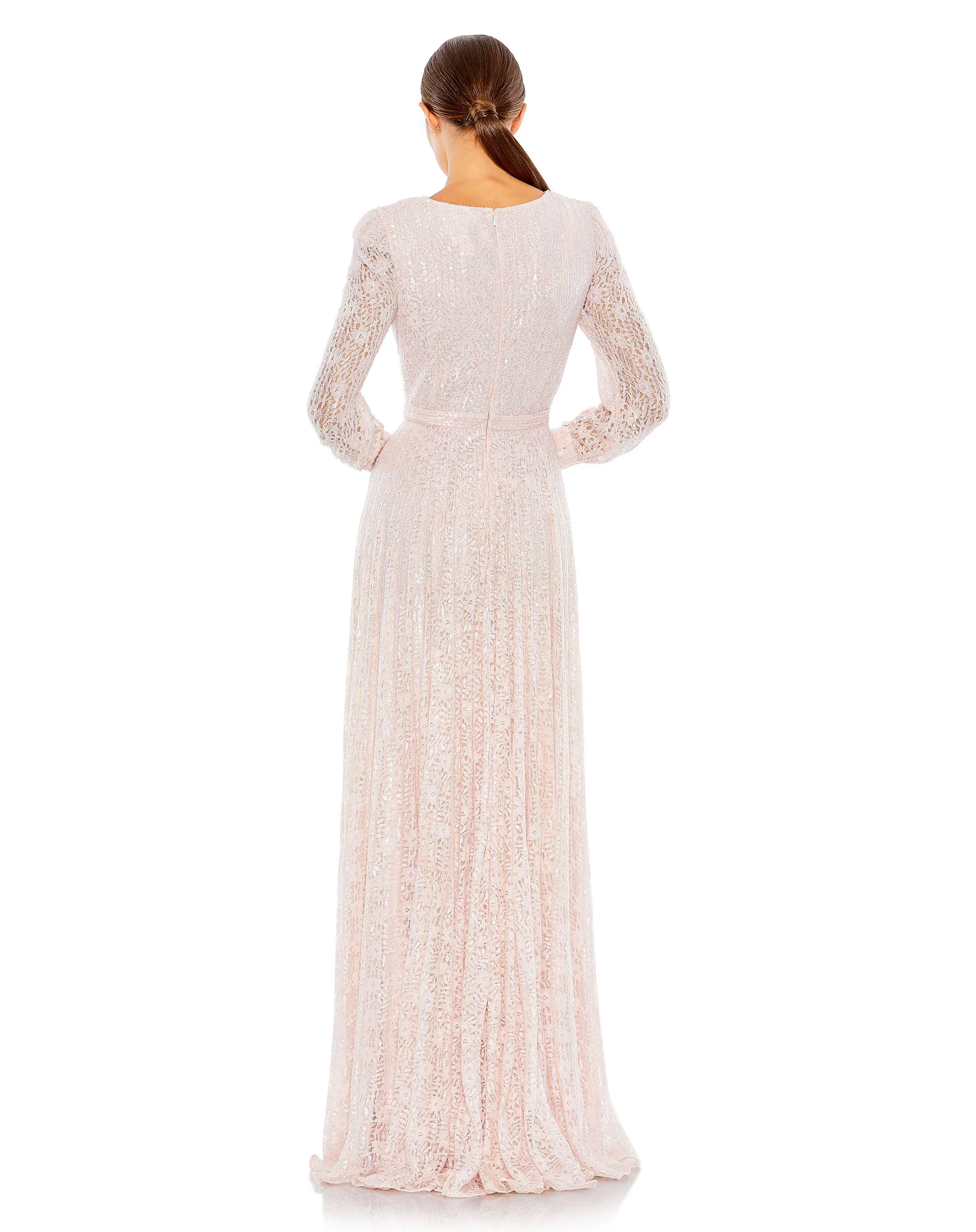 Beaded Lace Long Sleeve Wrap Over Gown