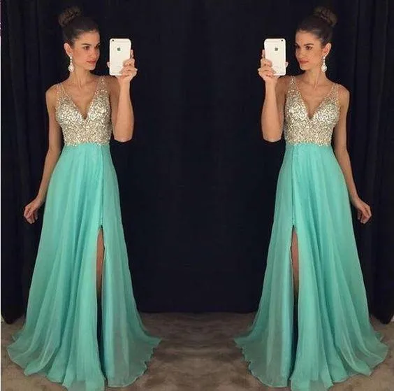 beaded prom dress, long prom dress, blue prom dress, v-neck evening dress, prom dress with side slit, BD386