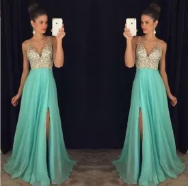 beaded prom dress, long prom dress, blue prom dress, v-neck evening dress, prom dress with side slit, BD386