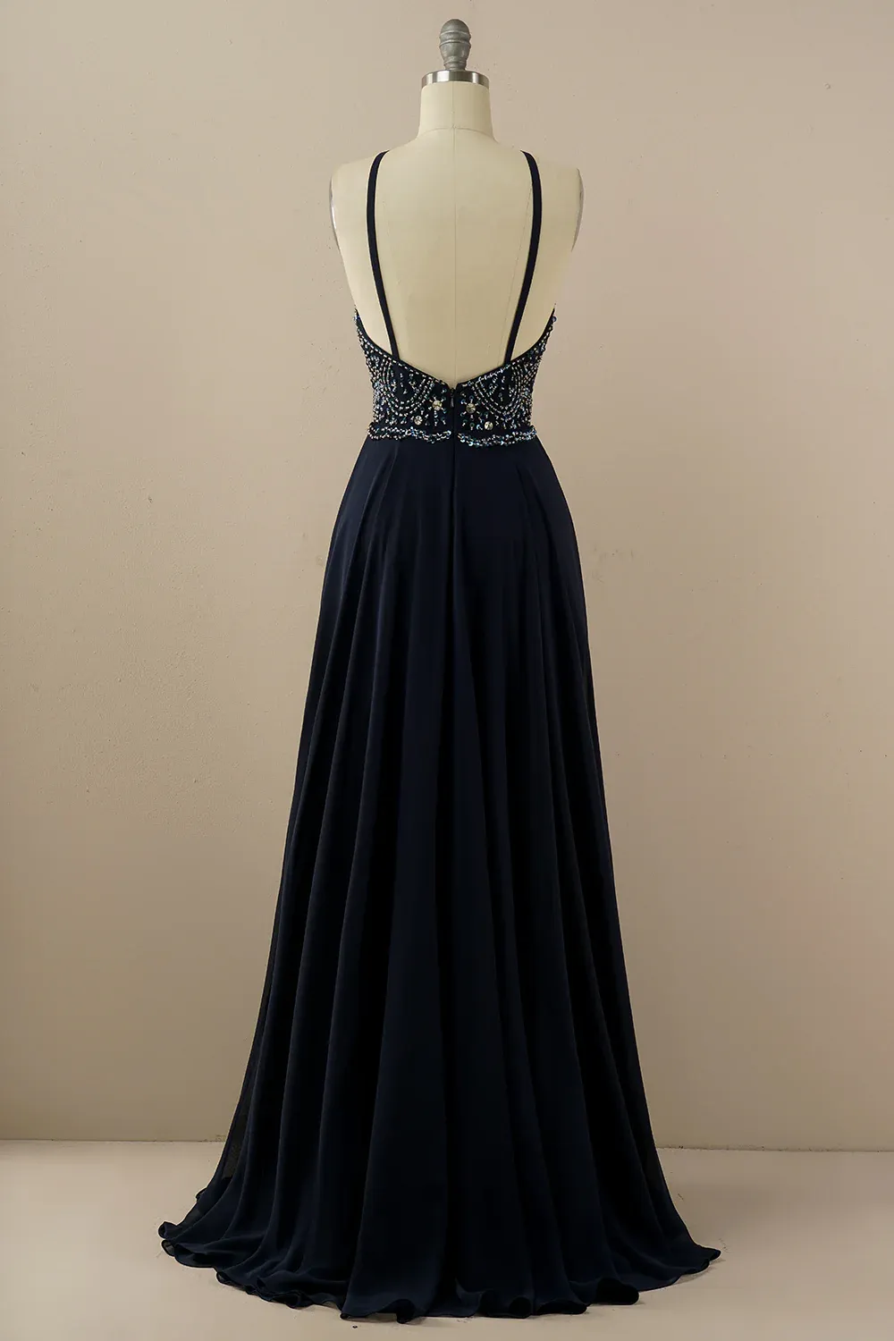 Black A-Line Halter Beaded Backless Long Prom Dress,DP1536