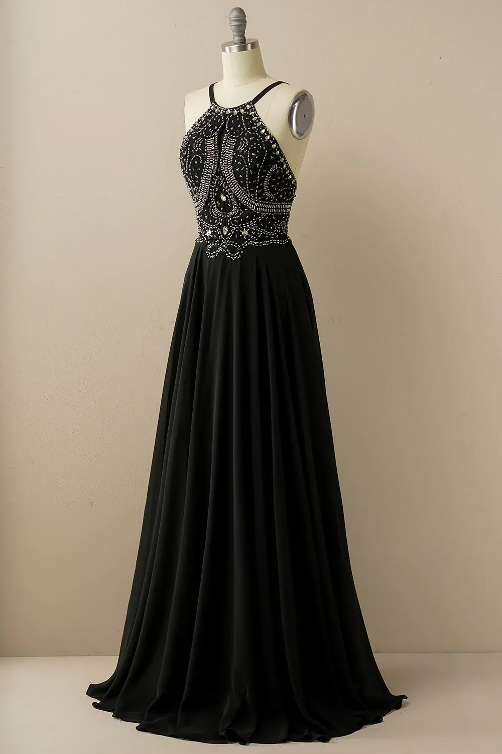 Black A-Line Halter Beaded Backless Long Prom Dress,DP1536