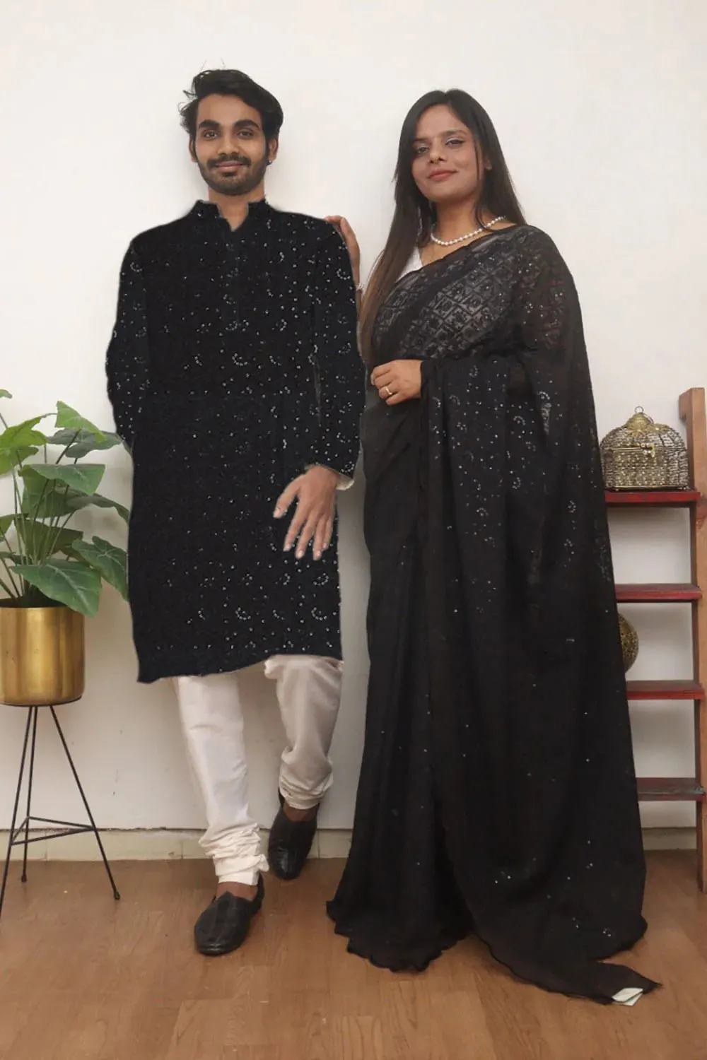 Black Chikankari Embroidered Georgette Sequins Couple Set