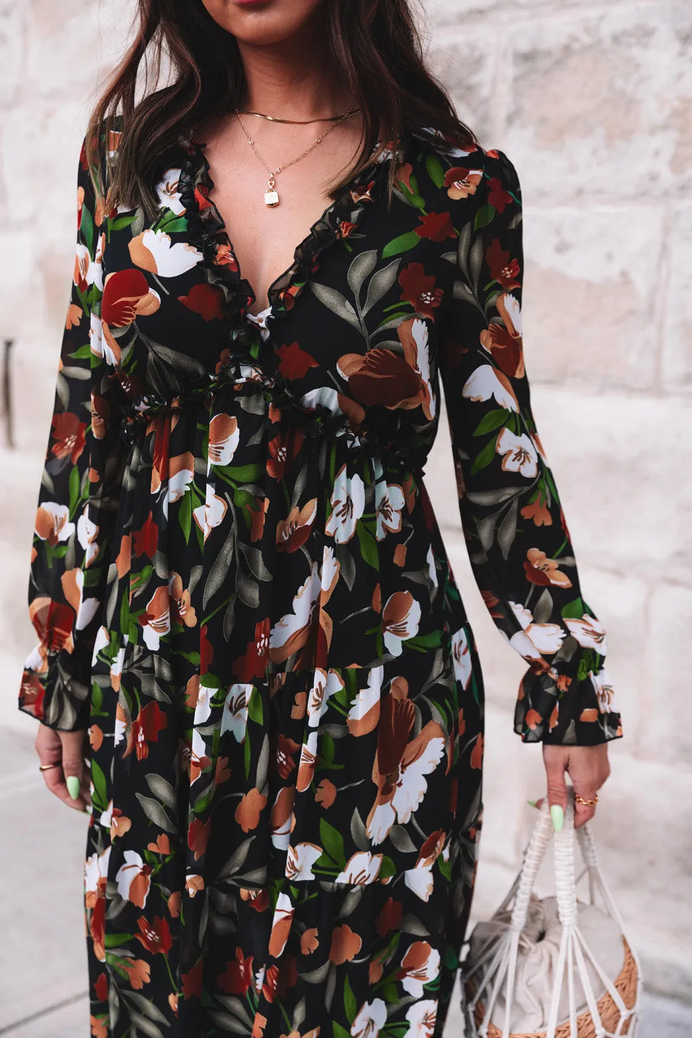 Black Floral Print Empire Waist Maxi Dress