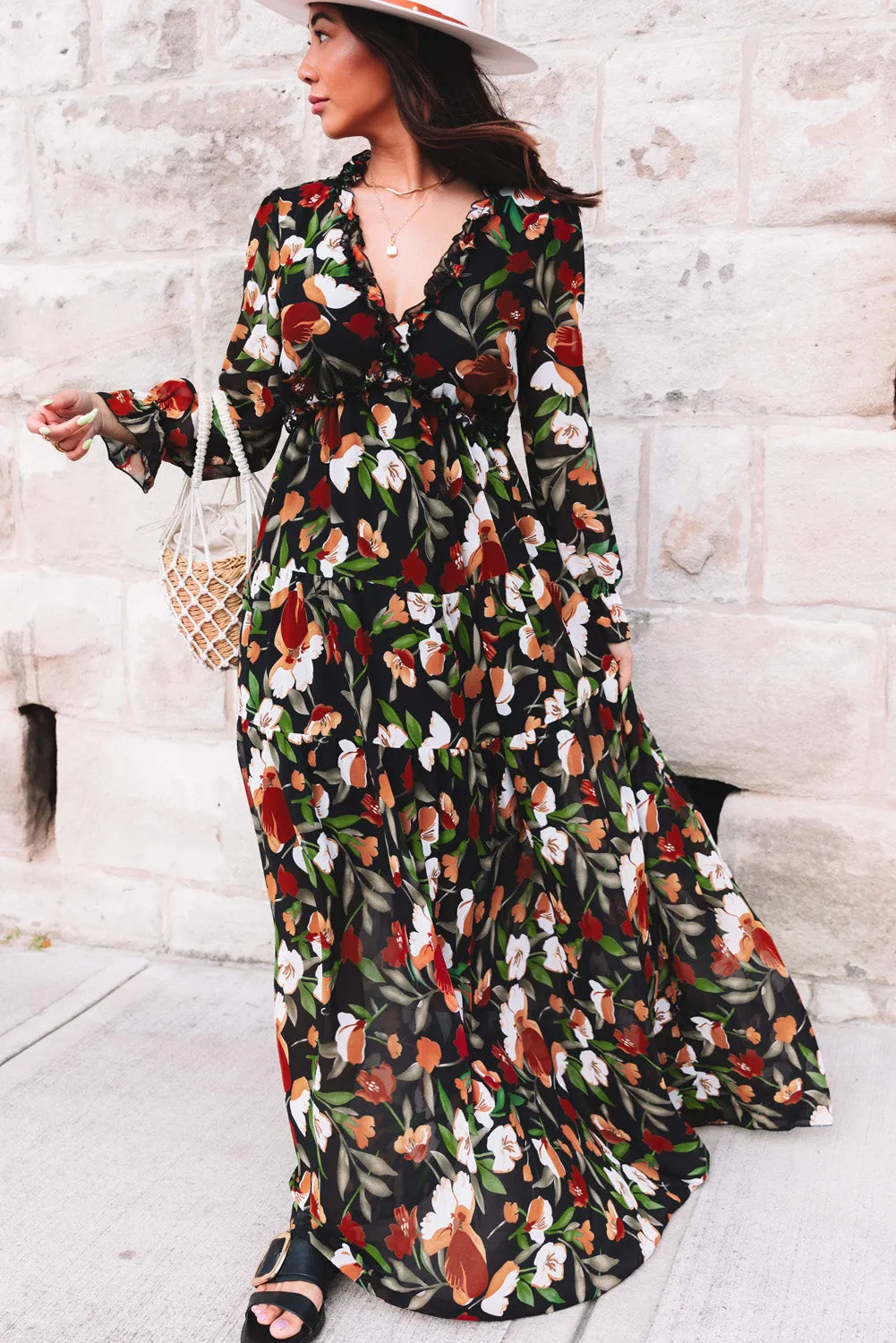 Black Floral Print Empire Waist Maxi Dress