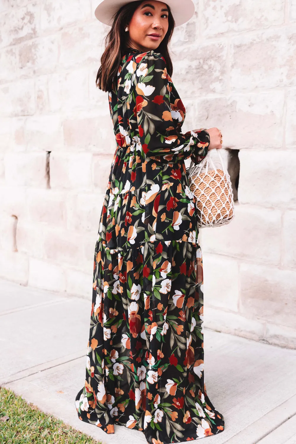 Black Floral Print Empire Waist Maxi Dress