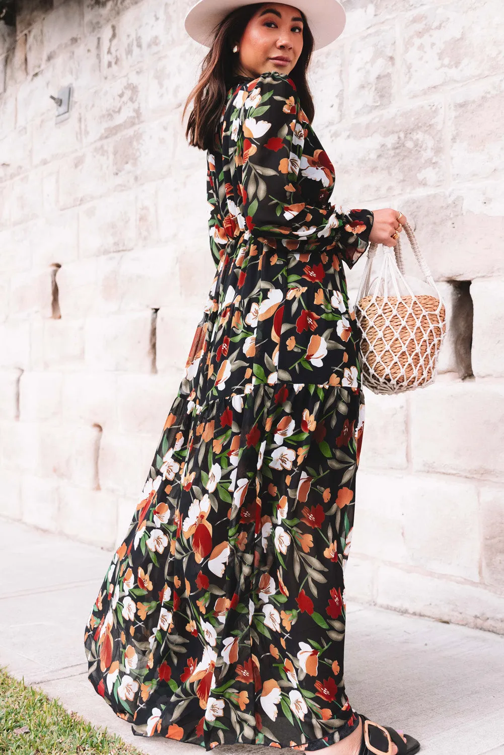 Black Floral Print Empire Waist Maxi Dress