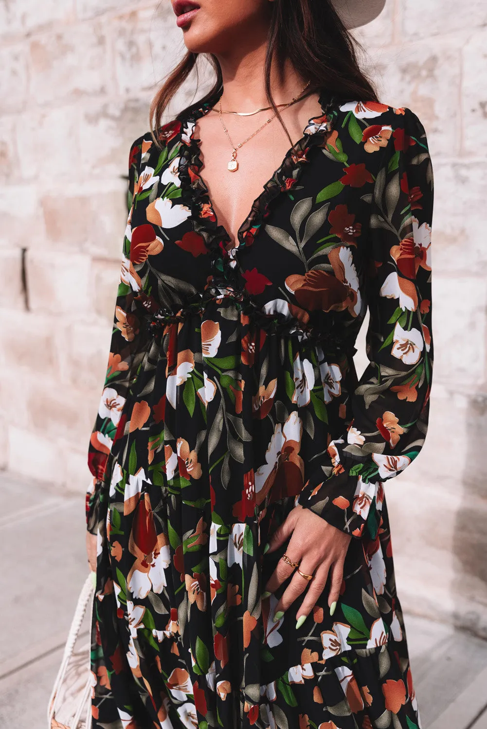 Black Floral Print Empire Waist Maxi Dress