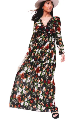 Black Floral Print Empire Waist Maxi Dress