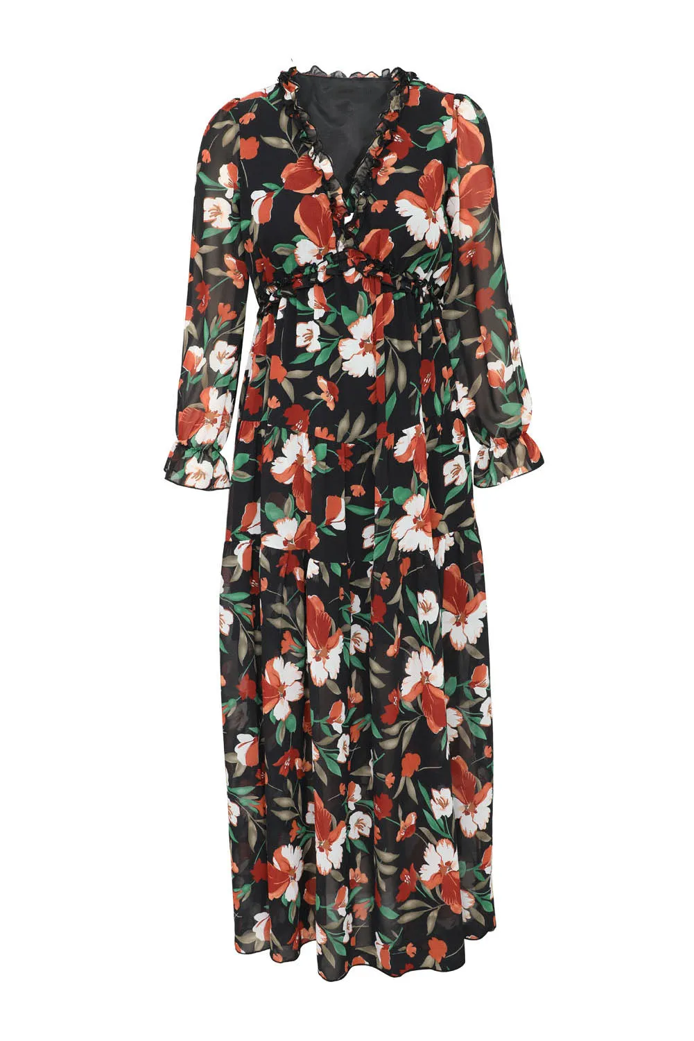 Black Floral Print Empire Waist Maxi Dress