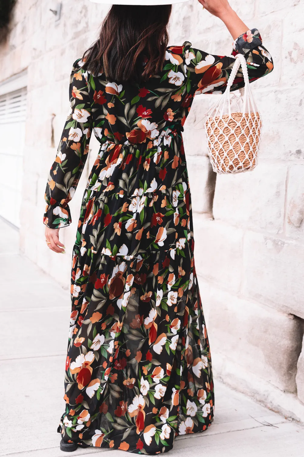 Black Floral Print Empire Waist Maxi Dress