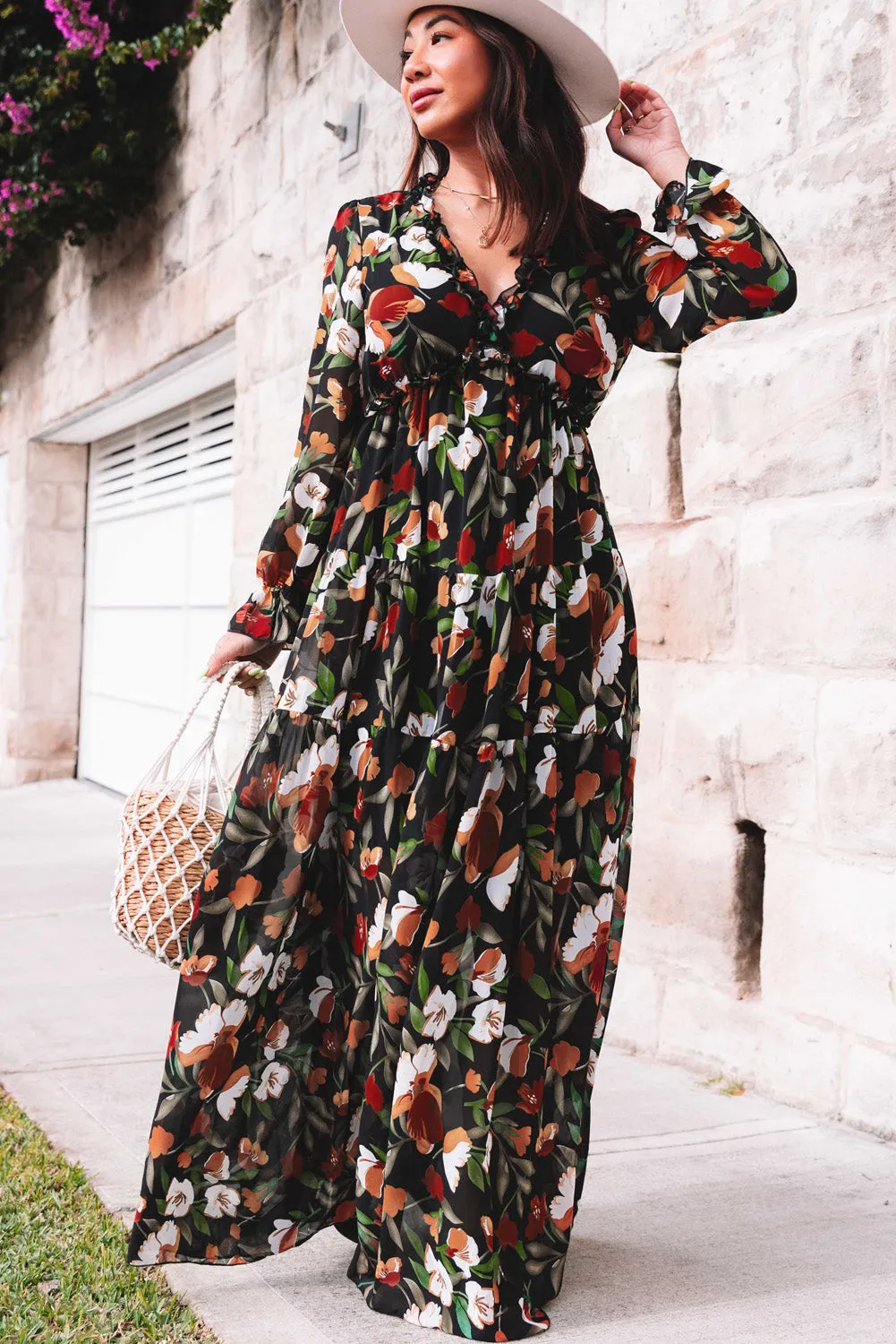 Black Floral Print Empire Waist Maxi Dress