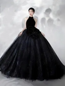 Black Halter A-Line Shiny Tulle Long Party Dress Ball Gown,DP1661