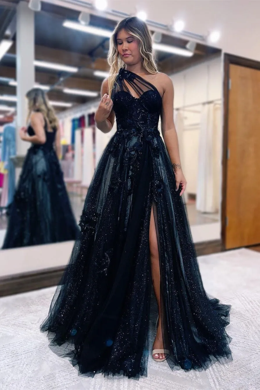 Black Long A-line One Shoulder Tulle Prom Dress with Slit