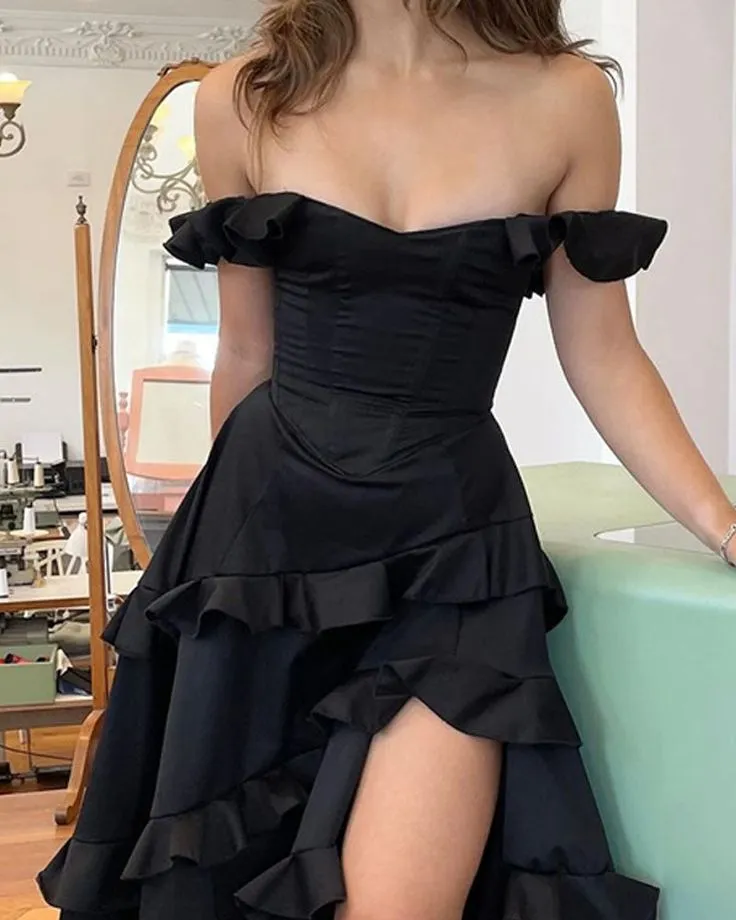 Black Off Shoulder A-Line Ruffle Long Prom Dress with Slit, DP2643