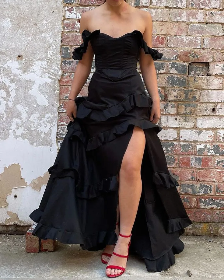 Black Off Shoulder A-Line Ruffle Long Prom Dress with Slit, DP2643