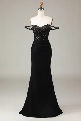 Black Off Shoulder Mermaid Beading Prom Party Dress,DP1068