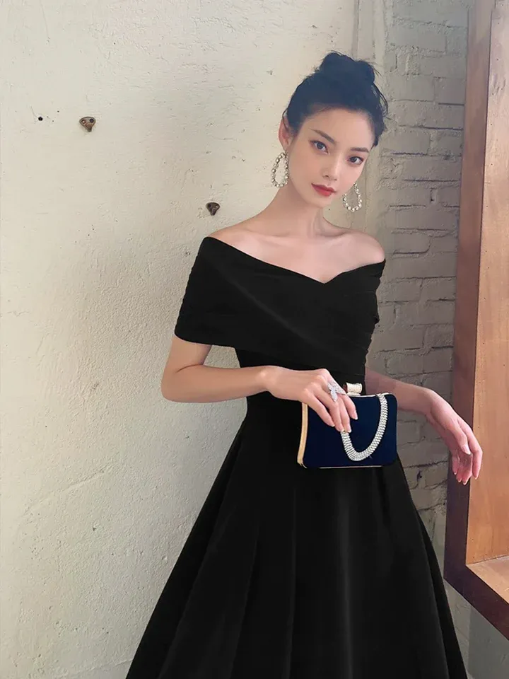 Black Off Shoulder Velvet Knee Length Formal Prom Dress Evening Party Dress,DP1732