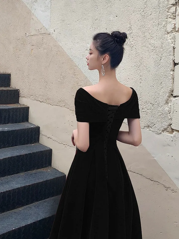 Black Off Shoulder Velvet Knee Length Formal Prom Dress Evening Party Dress,DP1732